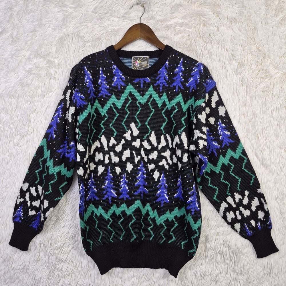 Vintage Tyrolia by Head Mens Wool Blend Ski Sweater Black Teal Purple 80s Retro